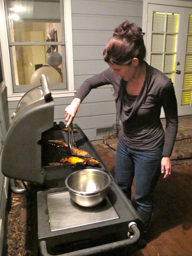 Punky at the grill, tending the "pig nuggets" - sweet potatoes