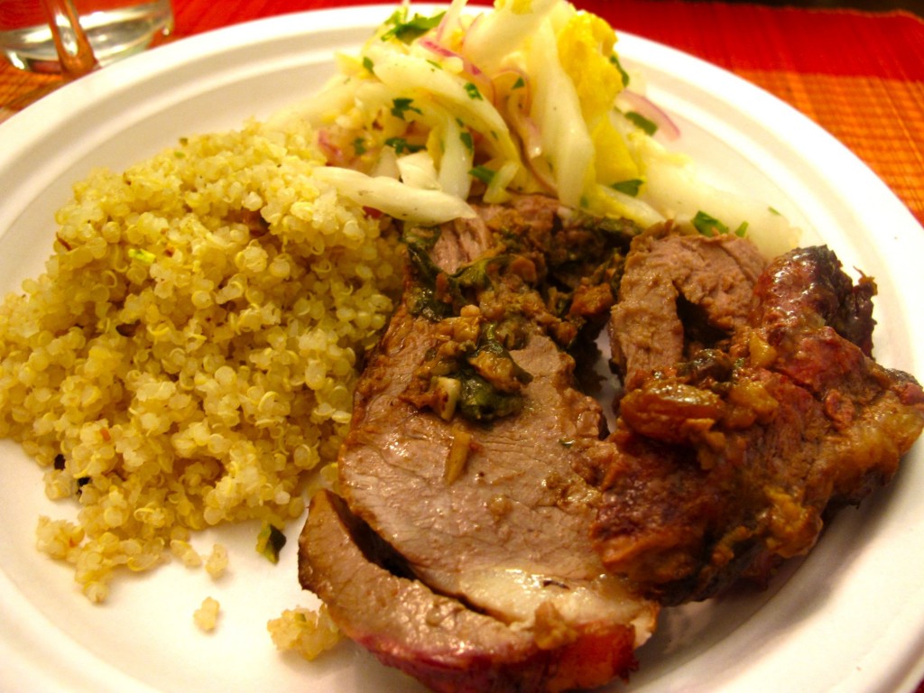 Quinoa, napa cabbage and red onion salad and herb-stuffed leg of lamb