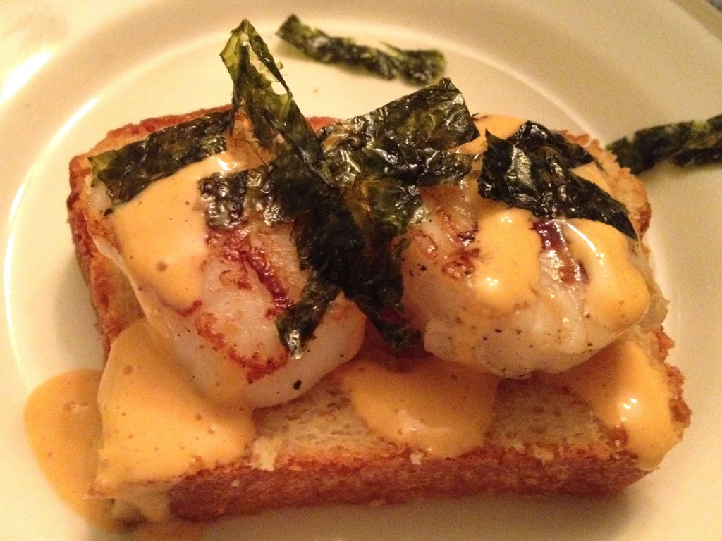 Scallop FKS, base to top: warm brioche, seared scallops, Sriracha aioli and Korean seaweed