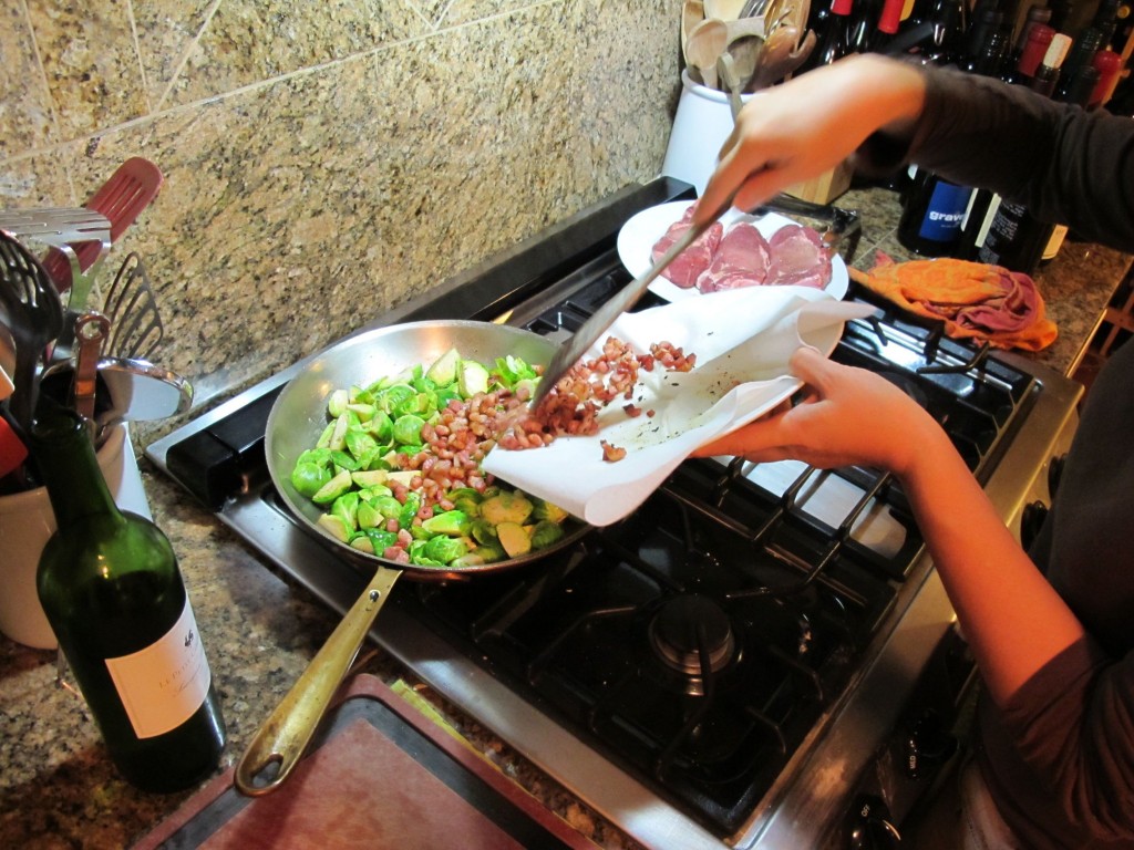 Adding browned pancetta to the brussel sprouts