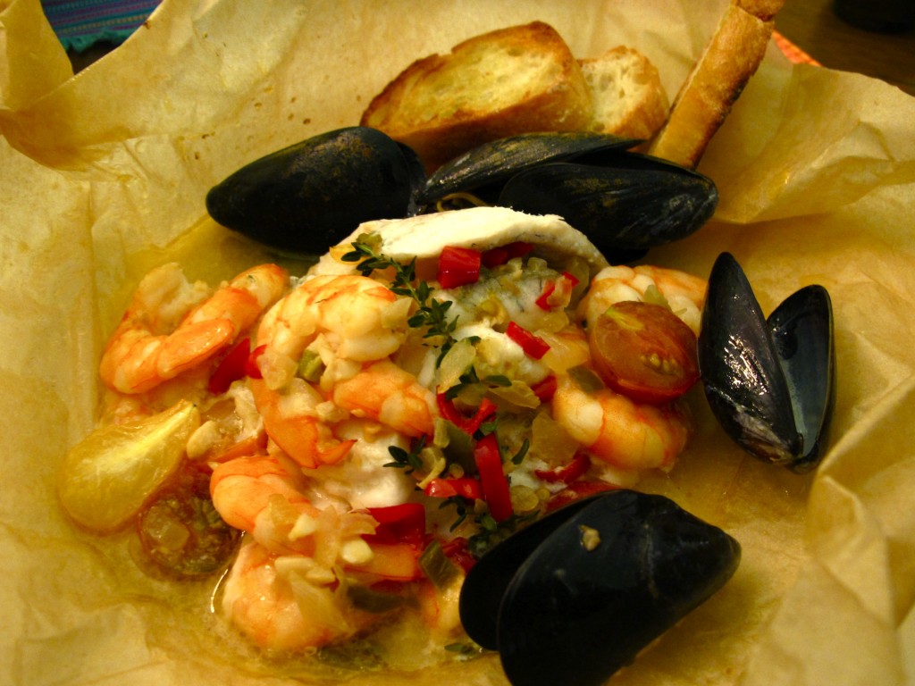 Flounder, shrimp and mussels in parchment