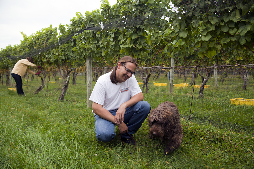 Winemaker Christopher Tracy and his happy pup, Remy.
